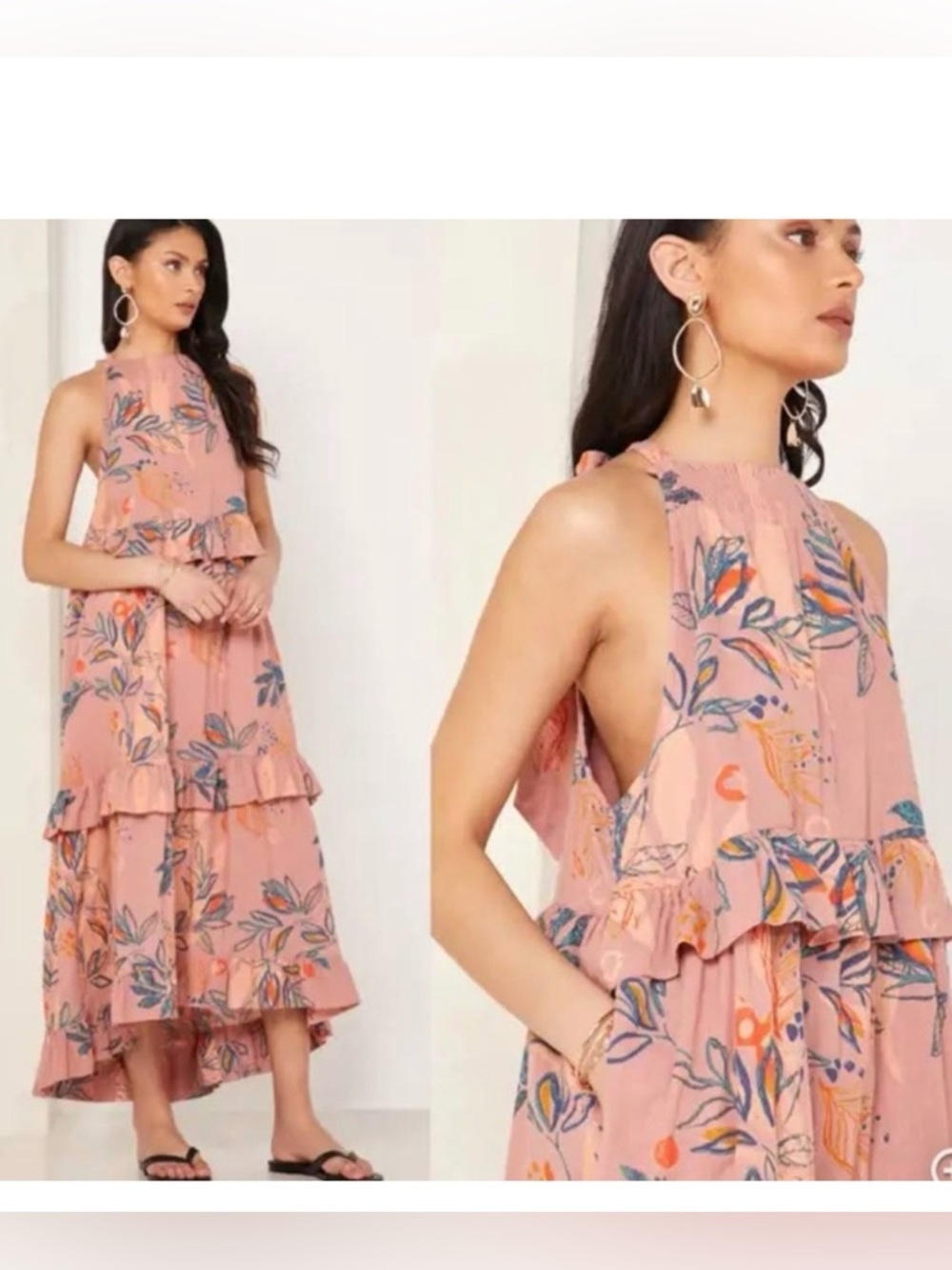 Free People Anita Tiered Ruffle Floral Print Maxi Dress in Desert Rose Size M - Picture 3 of 9